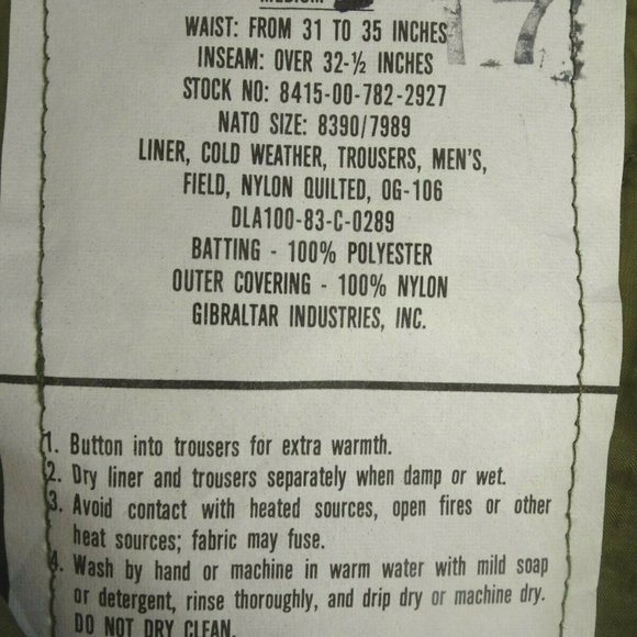 NEW OLD STOCK US M-1951 ARCTIC SHELL w/LINER TROUSERS OD-107 Med Reg - Picture 7 of 12
